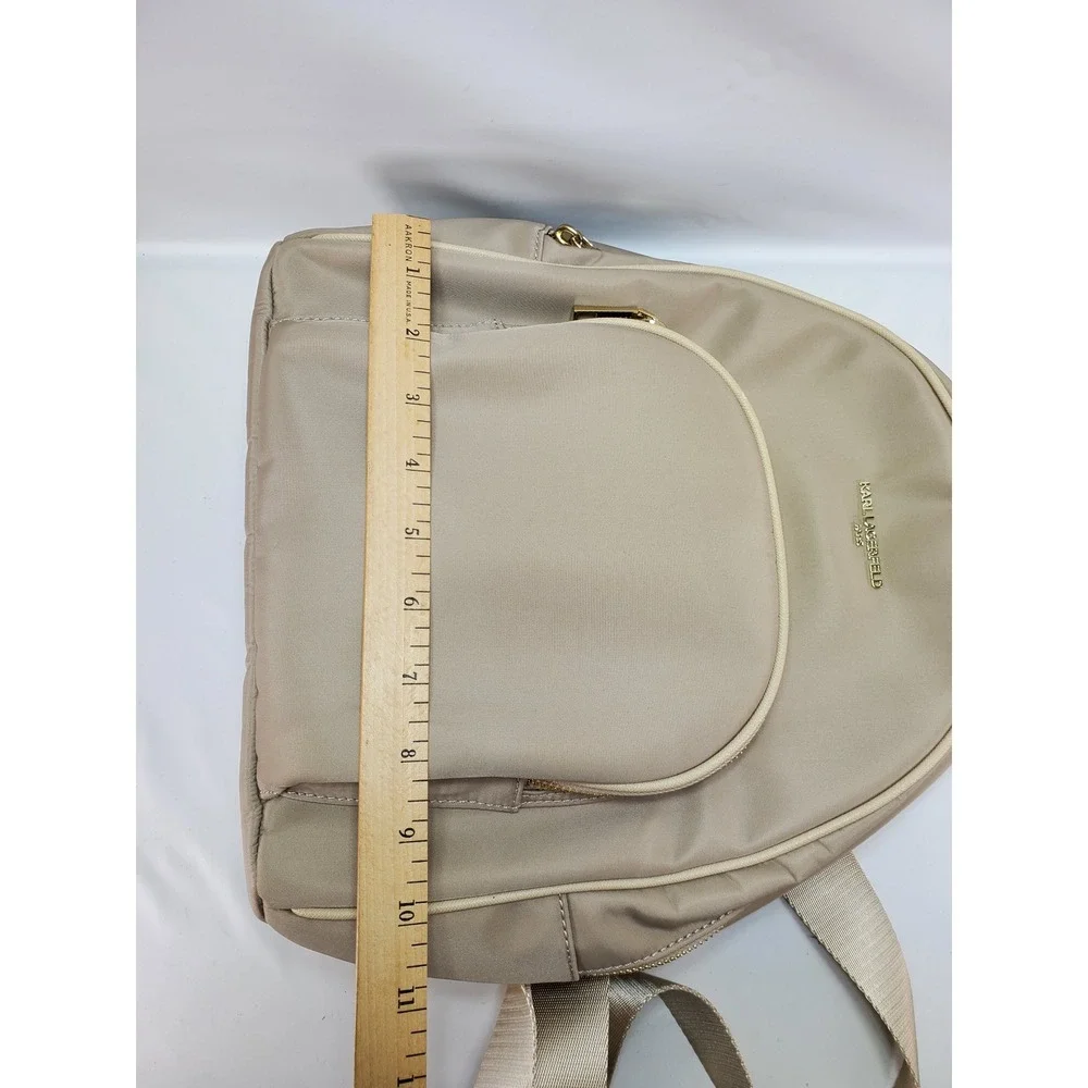 Karl‎ Lagerfeld Paris Backpack Beige Nylon Gold Hardware Zip Closure Travel Chic